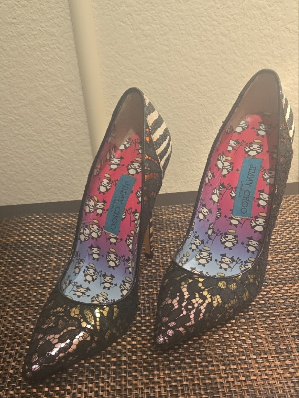 Jimmy Choo. 8 EUC Black Lace Pointed Pumps with Zebra-Print Heel